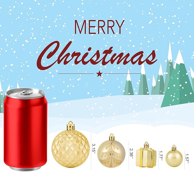 116Pcs Gold Christmas Ball Ornaments, Shatterproof Hanging Decoration Set with Gift Box, Assorted Decorative Baubles for Xmas Tree/Home/Wedding/Party/Holiday