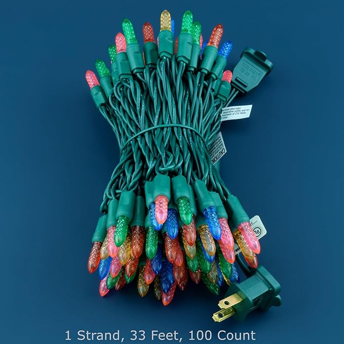 100 Multicolor Faceted One-Piece LED Christmas Lights, 33 ft Green Cord High Waterproof UL Certified M6 Outdoor String Lights (Multicolor)