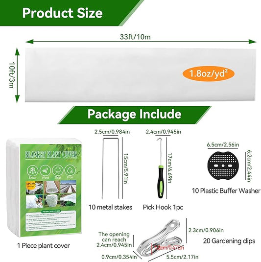 10 FT x 33 FT Plant Covers Freeze Protection kit - 1.8 oz/yd² Thickened Frost Cloths Blankets with Garden Row Cover Accessories for Outdoor Plants, Protect in Winter Cold/Sun Pests (White)