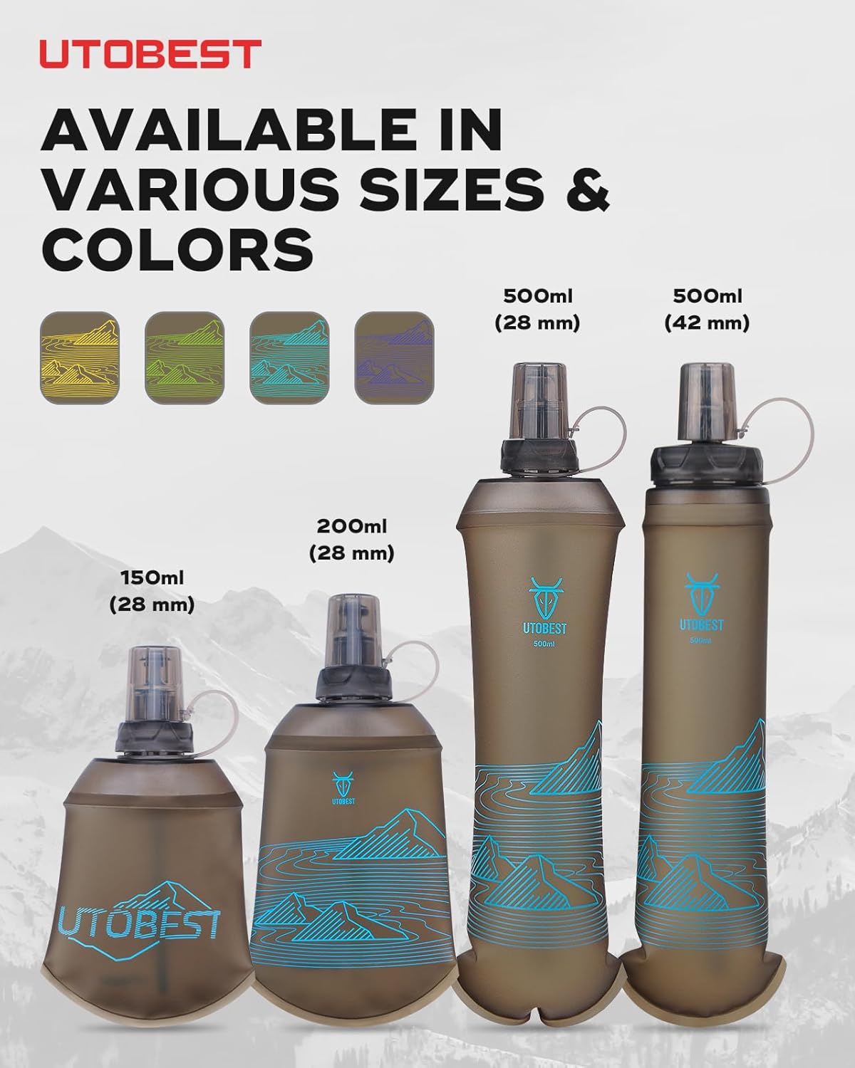 UTOBEST 150ml Soft Flask, 2 Pack Flexible TPU Hydration Water Bottle, Collapsible with 28mm Caliber for Running, Hiking, Cycling, Climbing, and Marathon Blue