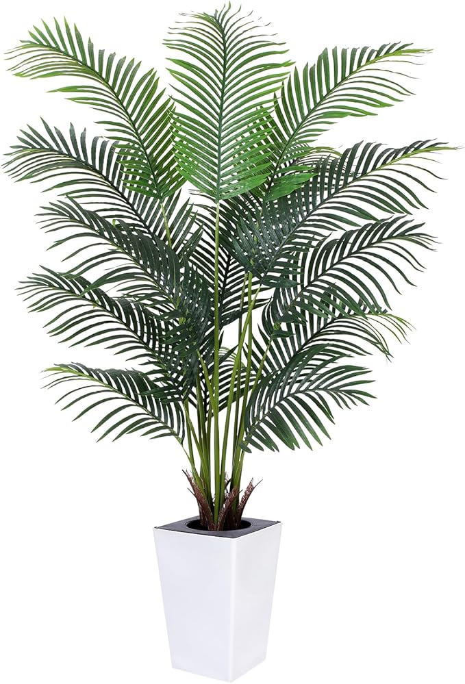 Artificial Palm Tree with White Tall Planter, 6ft Tall Potted Artificial Silk Palm Tree Plant, Fake Tropical Plant, Home Office Floor Room Decor Plants Indoor Outdoor, Housewarming Gift