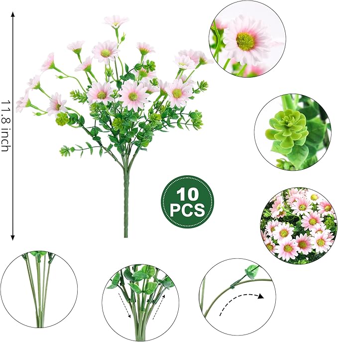 10pcs Outdoors Artificial Mum Flowers UV Resistant Daisy Fake Silk Chrysanthemum Greenery Faux Eucalyptus Plants for Spring Summer Garden Patio Window Box Planter Home Decor(Pink)