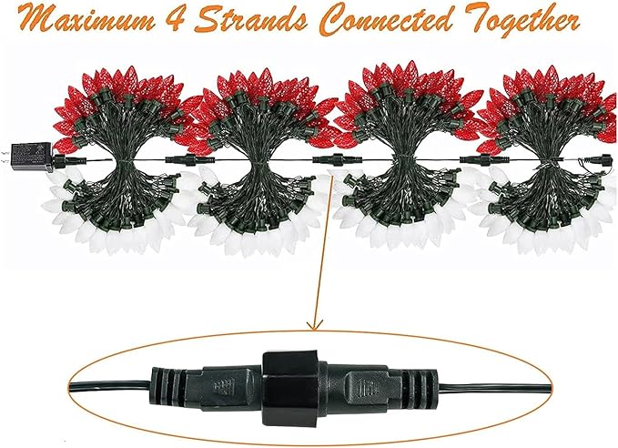 KAQ 2PK 100LED Red & Cool White C9 Christmas Lights Waterproof Indoor Outdoor, Extendable 98FT String Lights Plug in with 13 Lighting Modes, Christmas Decorations for Party Patio, Outside Yard Decor