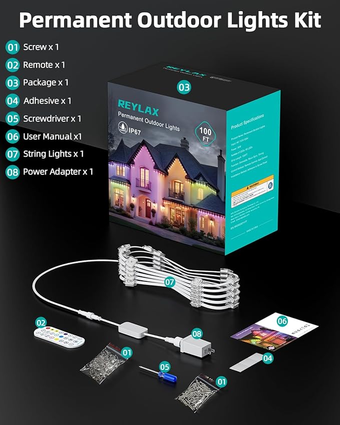 REYLAX 100FT Permanent Outdoor Lights with 60 LED Lights, RGB+IC Eaves Lights, IP67 Waterproof, Multi Scenes for Outdoor Christmas Holidays Decor, Works with APP & Remote Control, White