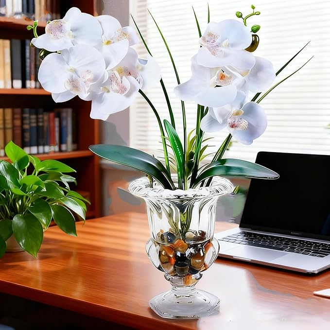 Jusdreen Artificial Orchid Centerpiece with Glass Vase, 14.5 Inch Lifelike Phalaenopsis Bonsai for Home Office Table Decor, White Orchid Arrangement with Potting
