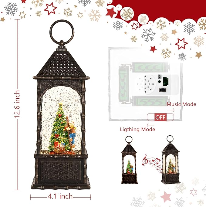 Christmas Snow Globes,Swirling Music Box Christmass Trees with 8 Songs & 6H Timer,Battery Operated & USB Powered Christmas Lanterns for Indoor Holiday Table Party Gifts (Children Climbing Trees)