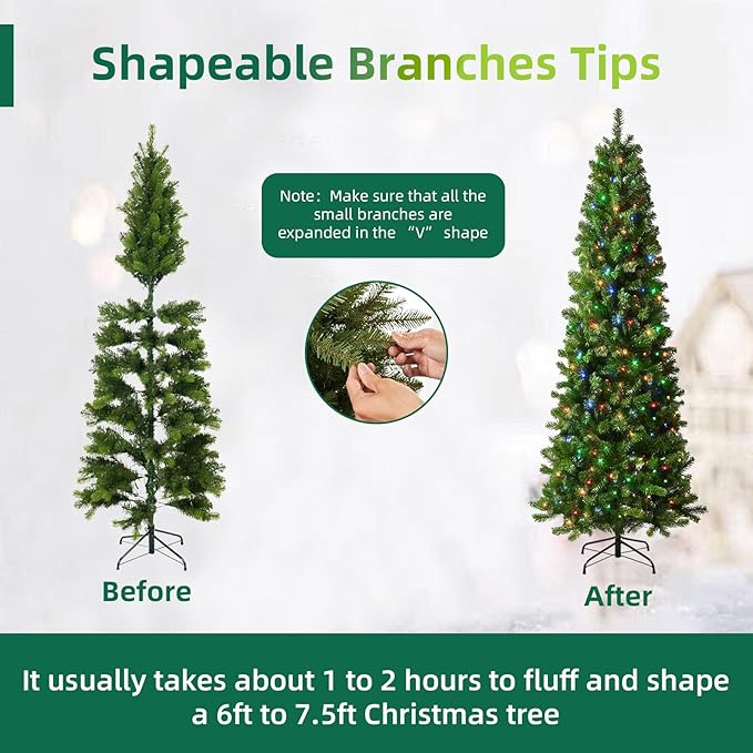 7.5ft Pre-Lit Slim Christmas Tree Douglas Fir with 186 PE & 610 PVC Branches, Hinged Sections & Metal Stand, 350 Dual Color LED Lights with 10 Modes for Holiday Decoration