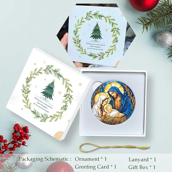 Nativity Night Ornaments Round Ceramic Stained Glass Style Birth of Jesus Christ Ornament Christmas Keepsake Decor for Christmas Tree Winter for Women Men Xmas Hanging Ornament 3"