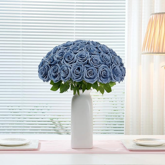 50Pcs Dusty Blue Roses Artificial Flowers Artificial Silk Roses Bulk,Fake Roses Flower with Stems Realistic Flowers for Wedding Centerpiece Home Party Decor