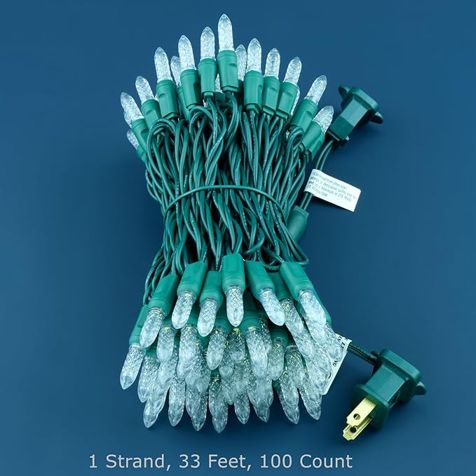 100 Cool White Faceted One-Piece LED Christmas Lights, 33 ft Green Cord High Waterproof UL Certified M6 Outdoor String Lights (Cool White)