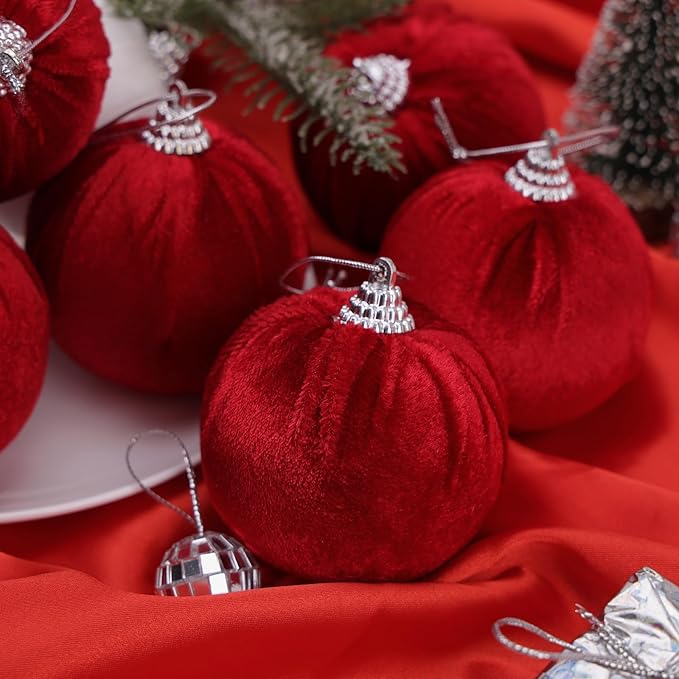 Woration 9pcs Red Velvet Christmas Hanging Ornaments Balls Set 2.36inch Garlands Xmas Tree DIY Decoration Hanging Plastic Balls for Holiday Wedding