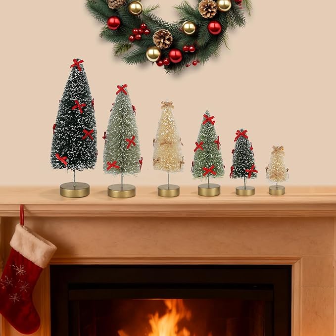 6 Pack Mini Christmas Trees, Small Miniature Frosted Bottle Brush Christmas Tree Decorations Tiny Tabletop Sisal Trees with Bows for Tiered Tray Mantel Winter Village Holiday Décor Assorted Sizes