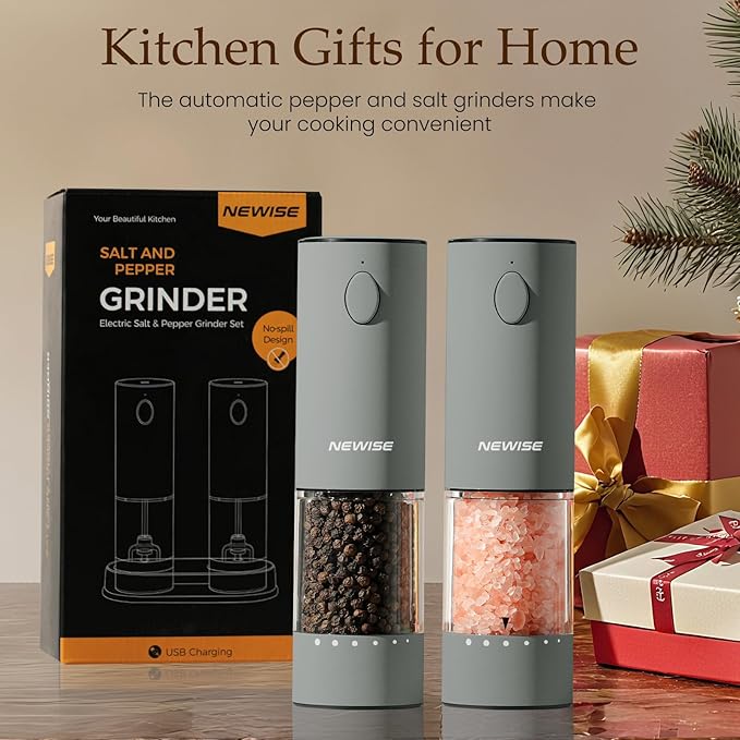 Electric Salt and Pepper Grinder Set Rechargeable with LED Lights, Automatic Pepper & Salt Mill, Adjustable Coarseness, Large Capacity, Grey