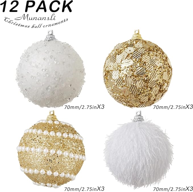 Gold Christmas Ball Ornaments, Christmas Ball Decorations Shatterproof Plastic Hanging Pearl Balls for Holiday Party(70mm/2.76", 12ct)