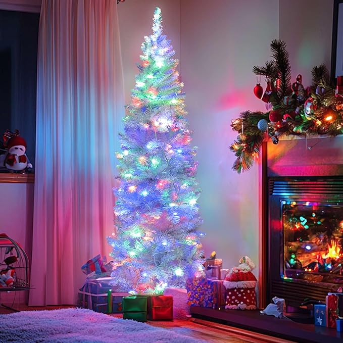 5 Ft Prelit White Pencil Artificial Christmas Tree with Timer 180 LED Warm White & Colorful Change Lights 8 Modes Plug in 550 Branch Tips Metal Stand Slim Tree Xmas Decor Indoor Outdoor