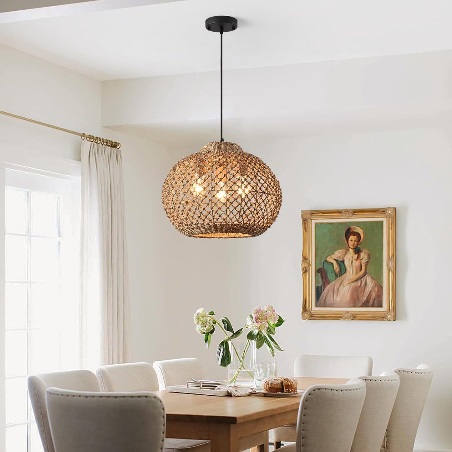 16.94" Rattan Pendant Light,Boho Wicker Chandelier Woven Water Plants, of Kitchen Island Farmhouse Dining Room,Entryway Foyer