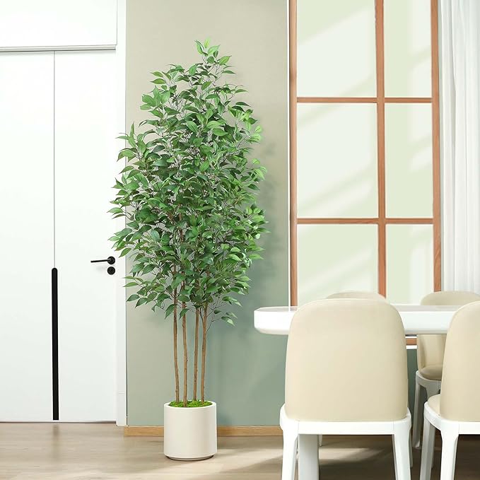 Ficus Artificial Tree 7ft Fake Silk Plant for Home Decor Indoor, Faux Tree in White Imitation Ceramic Planter Fake Floor Plant for Living Room and Home Office Corner Indoor Decor, Set of 1