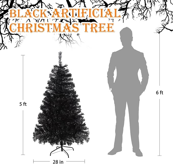 5FT Black Christmas Tree, Small Artificial Halloween Tree with 600 Branch Tips, Xmas Full Tree for Indoor Holiday Carnival Party,Foldable Metal Stand