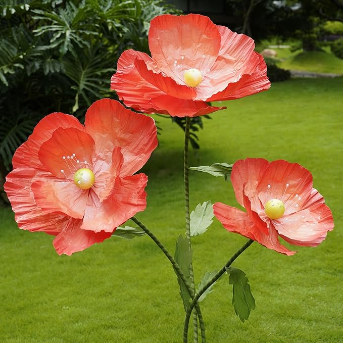 Giant Flowers for Decoration,Large Paper Flowers with Standing Stems and Base,3 pcs Artificial Flowers for Home Decor, Wedding Decorate, Photography Props, Party Banquet (Orange)