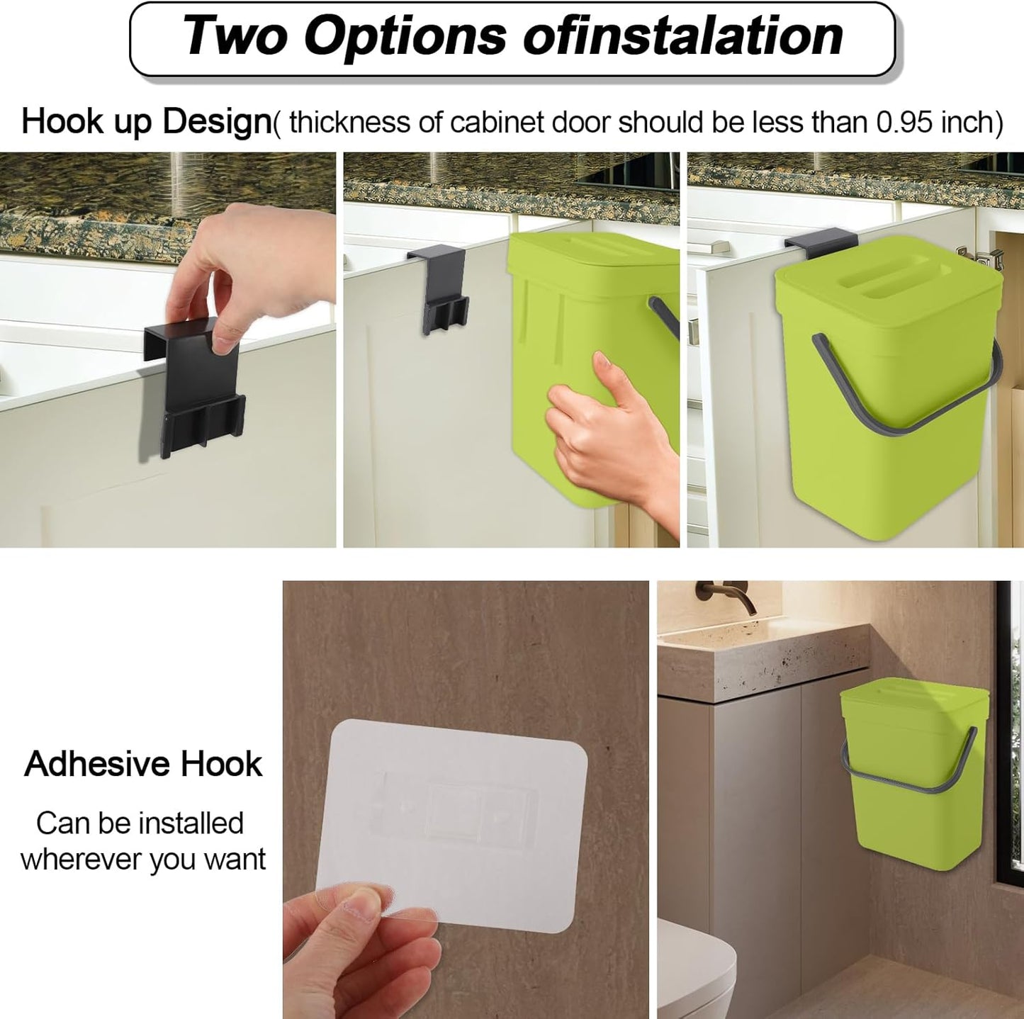 Compost Bin Kitchen, for use on Countertops or Under Sinks, Hanging Trash Can with Lid, for Cupboard/Bathroom/Bedroom/Office/Camping, Mountable Indoor Compost Bucket(Green 1.3 Gallon/5L)