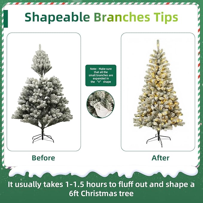 6FT Pre-Lit Snow Flocked Christmas Tree with 300 Warm White LED Lights, 575 PVC Branch Tips, Fake Xmas Snowy Trees,Pre-Hinged & Foldable Base for for Indoor, Office, Party, Holiday Décor