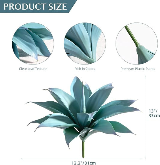 Fake Plants Artificial Agave Plants 13.8" Large UV Resistant Fake Agave Planters for Indoor and Outdoor Decorating Tropical Plant Succulents Greenery Indoor Decor (Blue) 2Pack