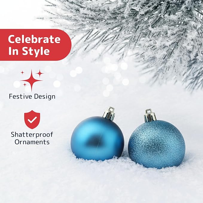 Prextex 36 Piece Christmas Ornaments Set - Acid Blue Christmas Tree Decorations - Shatterproof Ball Ornaments in Small, Medium, and Large Sizes - Durable Holiday Decor for Indoor and Outdoor Use