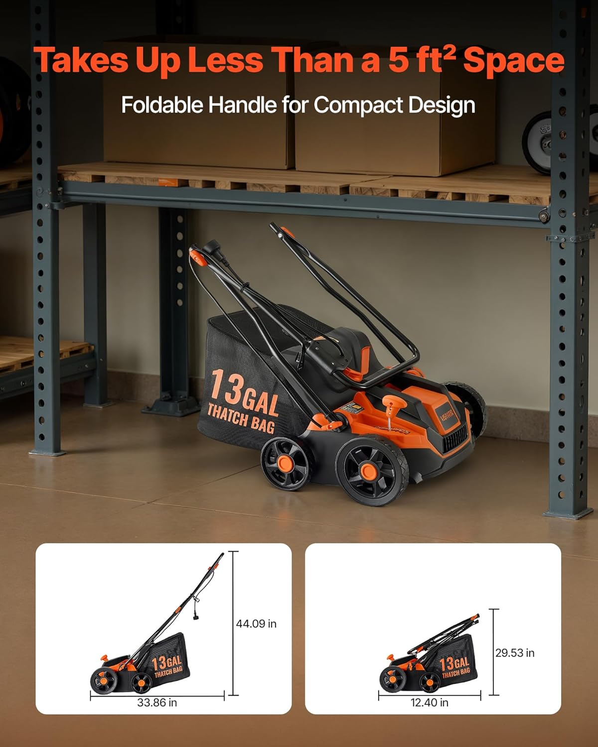 VEVOR 2-in-1 Electric Dethatcher and Scarifier, 13-Inch 13 Amp, Corded Lawn Dethatcher with 13-Gallon Thatch Collection Bag, 5-Position Depth Adjustment, Walk Behind Machine for Garden Yard Grass