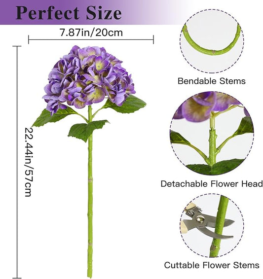 Nubry 22.44In Purple Hydrangea Artificial Flowers,4Pcs Latex Faux Real Touch Large Hydrangea Flowers with Long Stems & Leaves for Home Office Decor Wedding Party Arrangements(Purple)