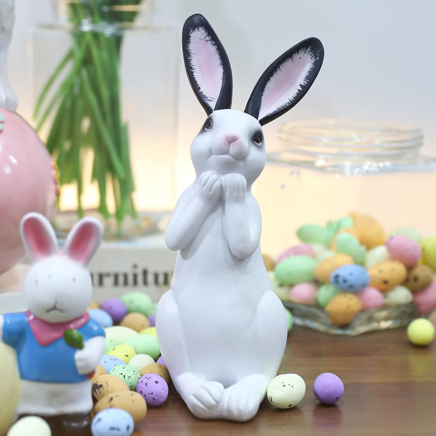 Resin Rabbit Figurine Modern Style Sculpture Statue Collectible Figurines for Home, Bedroom, Living Room, Cabinets, Office, Bookshelf, Desktop Decor