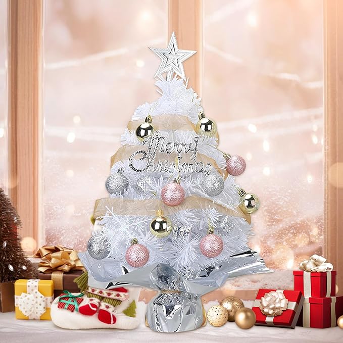 Small Mini Table top Christmas Tree with 50 LED Lights 24 Inch /2FT Little Prelit Christmas Tree Decorated Gift Boxes and Hanging Ornaments for DIY Christmas Decoration