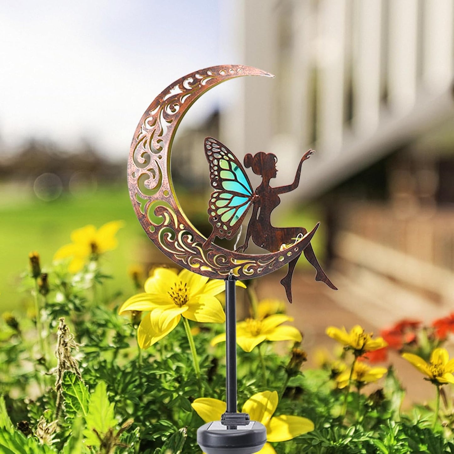 Bshine Moon Solar Light Outdoor Garden Decoration,2 Pack Moon Fairy Garden Statue Outdoor Decor,Metal Waterproof Light Stake for Patio, Path, Yard and Lawn Ornament, Housewarming Gift for Mom