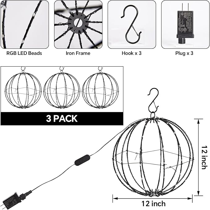 3 Pack Smart LED Christmas Ball Lights, 12 Inch 108 LED Foldable Color Changing Sphere Lights with App & Remote Control, Waterproof Hanging Light Balls Outdoor for Holiday Patio Tree Decor