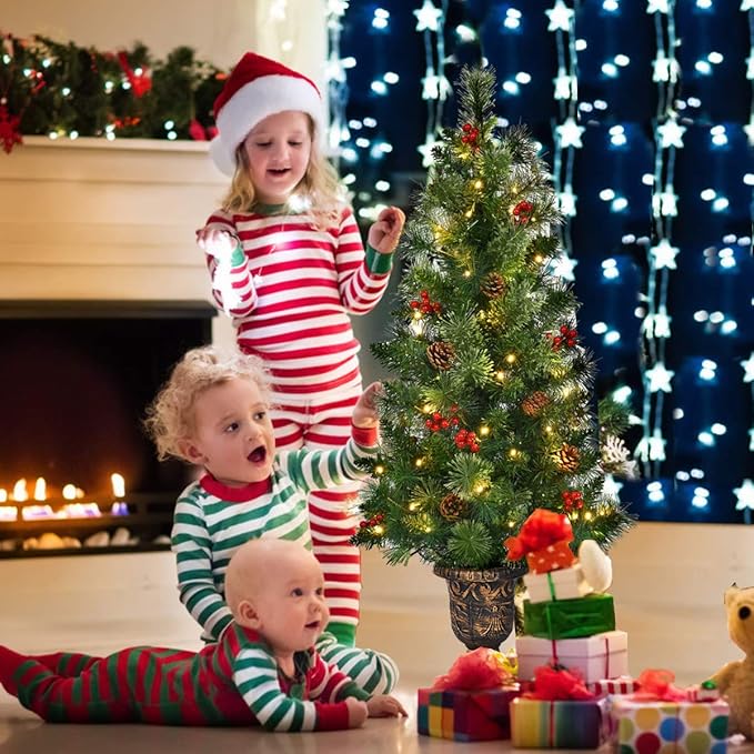 GOFLAME 3ft Prelit Pathway Christmas Tree with 40 LED Lights, Artificial Christmas Tree with Metal Stand, 100 Branch Tips, Pine Cones and Red Berries, Entrance Tree for Indoor and Outdoor Decoration