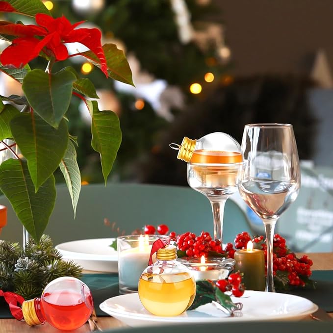 Patelai 18 Pcs Christmas Drink Balls Clear Shot Glass Ornaments Xmas Tree Fillable Ornaments Plastic Xmas Water Bottle Bulbs for Holiday Party Decorations(Round,100 ml)