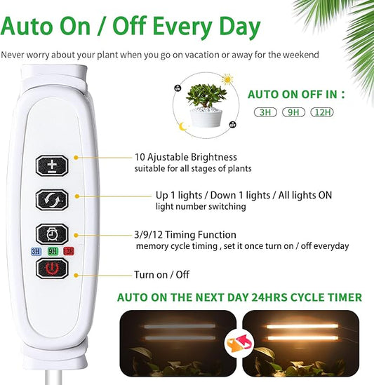 LED Grow Light Strips, 13 Inches Grow Lights for Indoor Plants Full Spectrum 3500K, 96 LEDs Plant Light with 3/9/12H Timer, 10 Dimmable Levels for Seedling Succulent, 2 Head