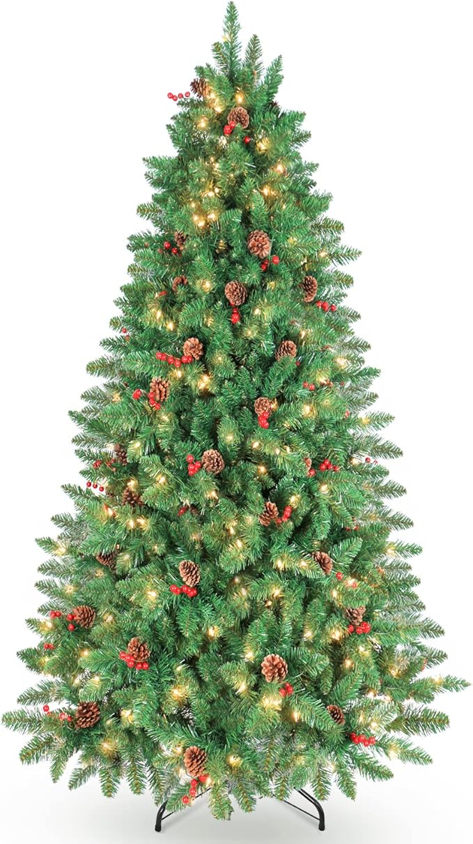 7.5FT Prelit Christmas Tree, Artificial Christmas Tree Pre-Decorated with Pinecones and Berries (600 Clear Warm Lights and Realistic 1520 Thicken Tips, Sturdy Metal Base)