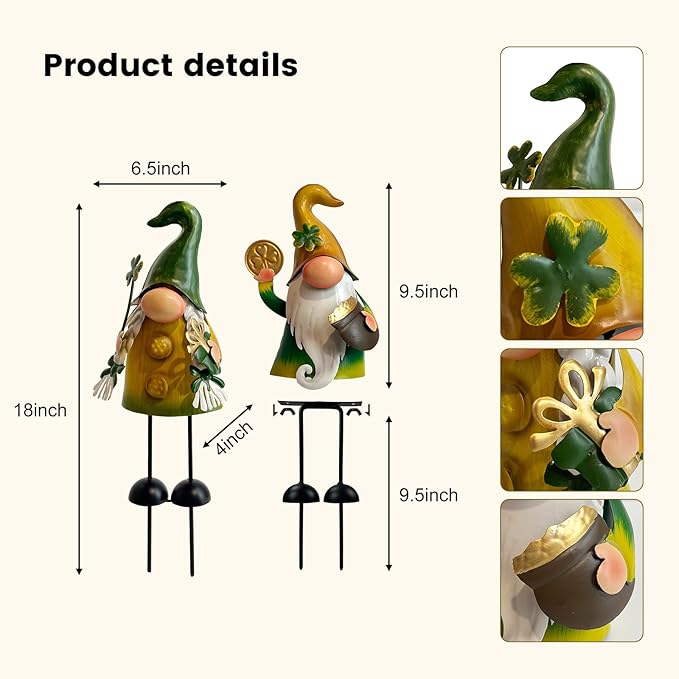 HONGLAND Fall Decor - Fall Decorations for Garden, Metal Gnomes Figurine Yard Art, Luck Shamrock Gnome for Home Outside Lawn Party Yard Patio