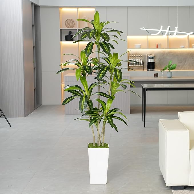 Artificial Dracaena Tree 6ft Tall - Green Silk Realistic Fake Plants for Office Home Living Room Bedroom Decor Indoor Outdoor with Pot Large House Faux Floor Plants