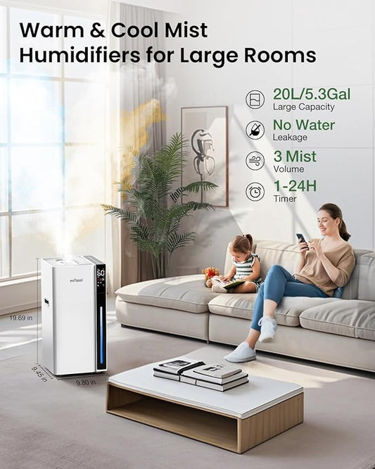 Mifasol Humidifier Large Room, 5.3Gal/20L Warm and Cool Mist Humidifiers for Home 1500 sq ft, Double Nozzles Whole House Humidifier, Humidifiers for Bedroom Plants Office Commercial Large Areas, White