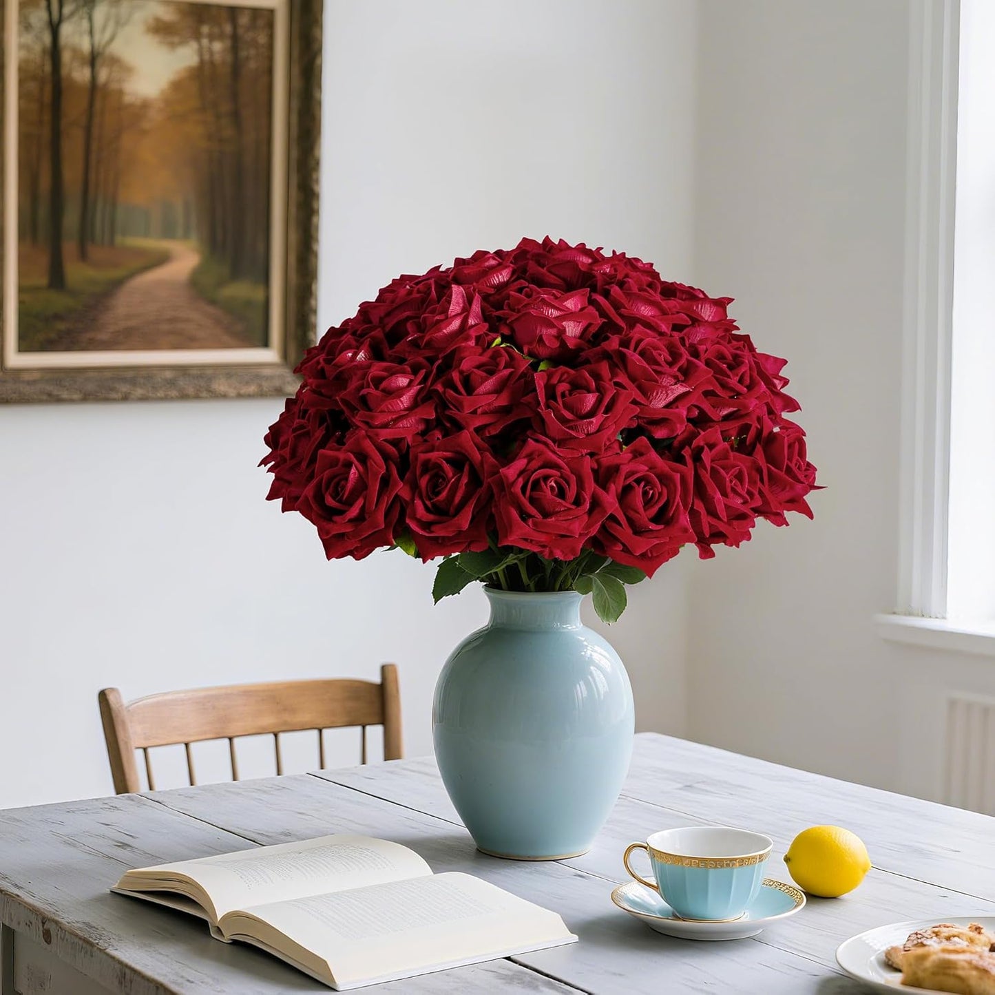 Fake Roses Faux Flowers Silk Roses Artificial Roses with Stems Realistic Artificial Flowers Suitable for Indoor Home Decoration DIY Bouquet Wedding Decor Party Decor 16.5In (Red, 36PCS)