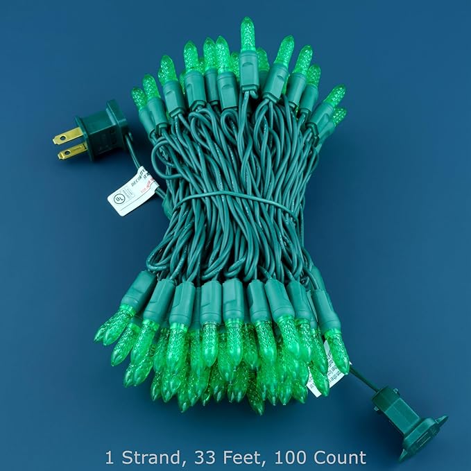 100 Green Faceted One-Piece LED Christmas Lights, 33 ft Green Cord High Waterproof UL Certified M6 Outdoor String Lights