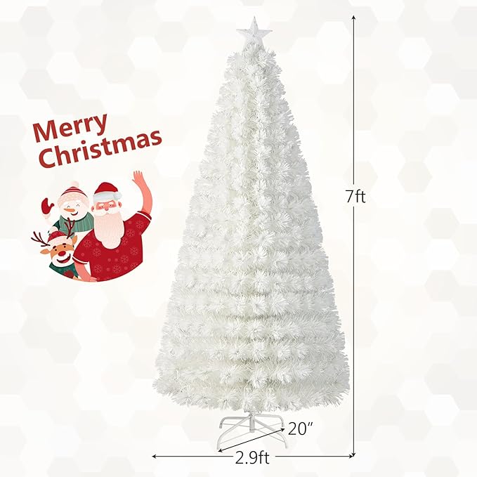 HAPPYGRILL 7FT Pre-lit Fiber Optic Christmas Tree, White Snow-Flocked Artificial Xmas Tree with 270 Branch Tips, 270 Multi-Color LED Lights, Top Star, Fake Holiday Tree for Party Office Home