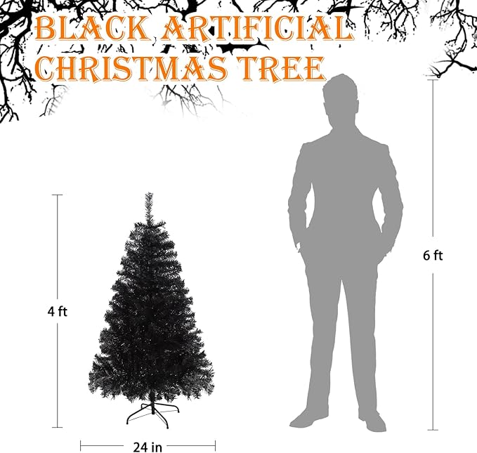 4FT Artificial Black Christmas Tree, Small Halloween Tree with 450 PVC Branch Tips & Foldable Metal Stand Seasonal Holiday Decoration