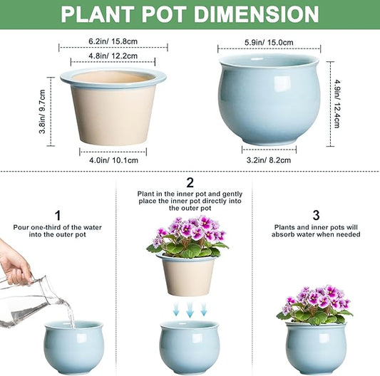Ceramic African Violet Pots for Indoor Plants, 6 Inch Self Watering Planters with Absorbent Inner Pot, Self Watering Plant Pot, Ceramic Flower Pots, Desk Decor, Housewarming Gifts, Light Blue