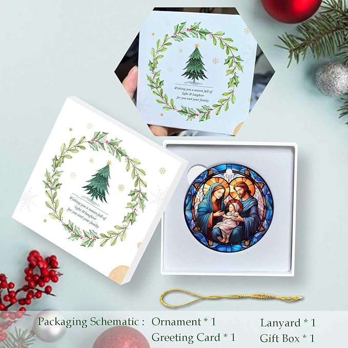 Nativity Scene Ornaments Nativity Night Round Ceramic Stained Glass Style Birth of Jesus Christ Hanging Ornament Christmas Keepsake Decor for Xmas Tree Winter Holiday Xmas Gift for Women Men 3"