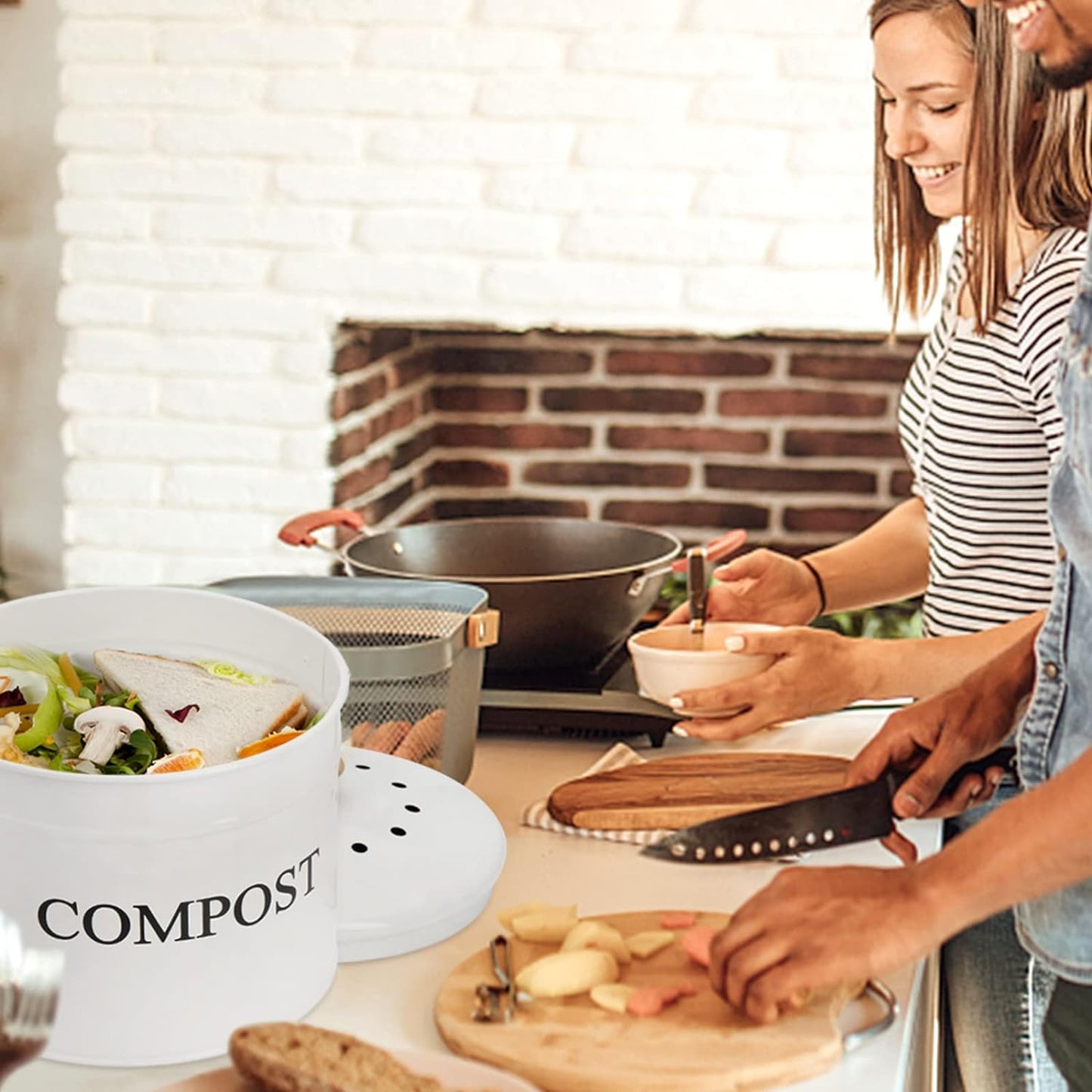 AVLA Compost Bin Kitchen Countertop, 1 Gallon Composter Pail, Food Waste Composting Bucket, Odorless Trash Keeper Container, White Scraps Caddy with Charcoal Filter, Carrying Handle, Lid