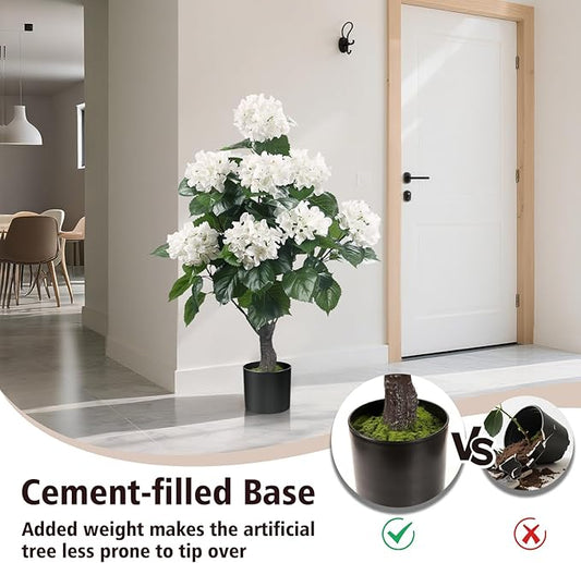 Romantic Season 38" Artificial Hydrangea Tree in Pot, Faux Potted Silk Hydrangea Plant for Indoor Outdoor Decoration, Lifelike Artificial Flower Tree for Home, Office, Patio, Garden Decor, White