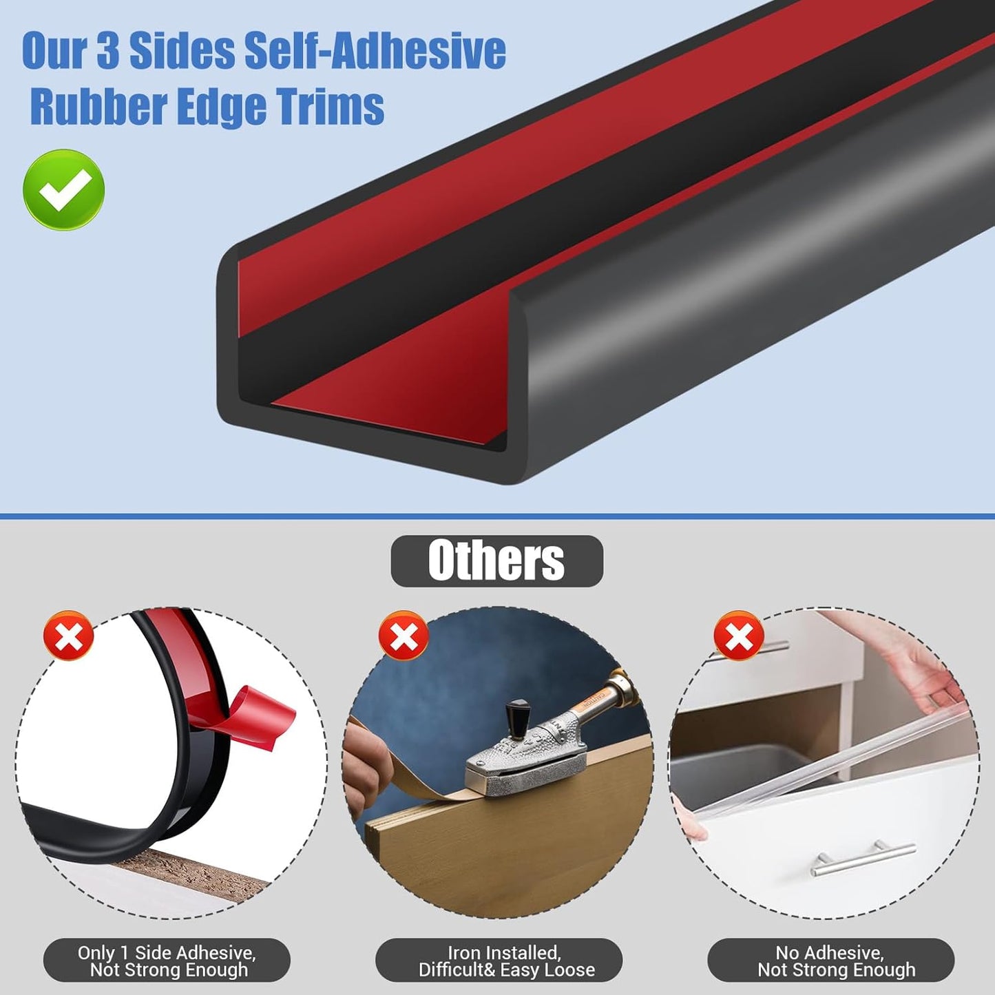 Rubber Edge Trim, 1-3/4 inches Self-Adhesive U Channel Edge Protector for Woods, Flexible U Shaped Peel and Stick Edge Banding, Edge Guard, Fit 1.75"(44mm), 10Ft, Black