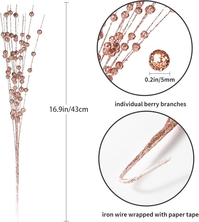 Christmas Artificial Glitter Berry Stem Decorations Decorative Bead Sticks Xmas Picks Glittery Twigs Branches for Christmas Tree Wreath Gift Vase Decor Party Ornaments Rose Gold 24 PCS